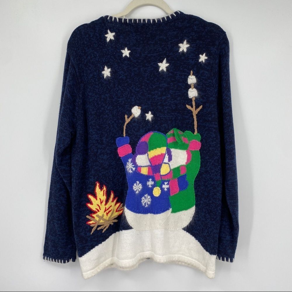 Quacker Factory Snowman Cardigan holiday sweater winter snow blue tassel medium - Picture 8 of 12